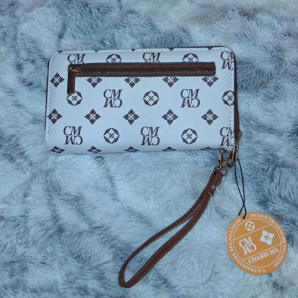 White and Brown CM Wallet with Wrist Strap